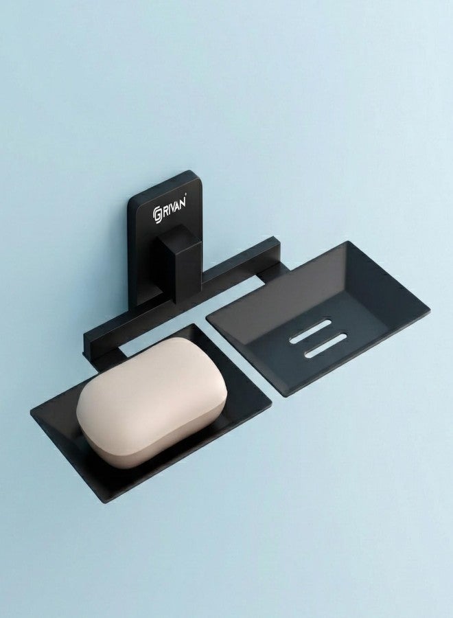 GRIVAN Stainless Steel Double Soap Holder | Wall Mounted Square Soap Dish | Matte Black Finish | Rust-Free Bathroom Accessorries (Black, Pack of 1) - Image 1